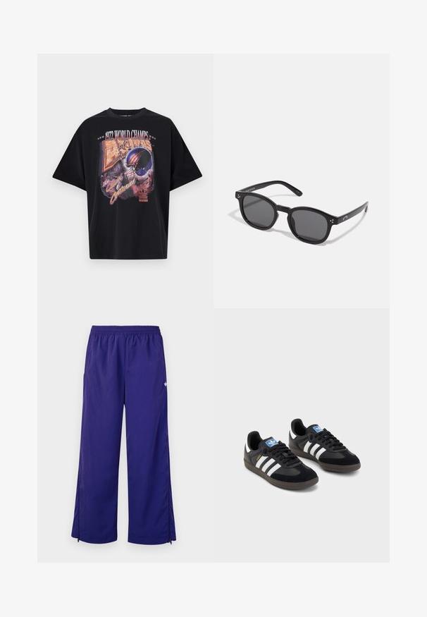Juodas medvilnės marškinėliai su grafinio atspaudu "1972 PASAULIO ČEMPIONAI," šalmą atvaizdu ir "Amžinų Konfliktų Dvikova," ryškiose spalvose.; Violet, lengvi sportiniai kelnės su elastingu juosmeniu ir šoninėmis užtrauktukais arti kulkšnių. Lygi tekstūra su subtiliu blizgesiu.; Juodi sportiniai bateliai su zomšos ir sintetine viršutine dalimi, turintys tris baltas juosteles, tekstūruotą gumos pado paviršių ir mėlyną logotipo etiketę ant liežuvėlio.; Juodos ovalios saulės akinius su tamsiais lęšiais, storais rėmeliais ir sidabriniais taškų akcentais šonuose. Sklandus plastikinis paviršius, šiuolaikinis dizainas.