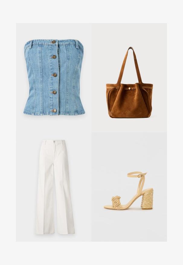 Hele sinine denimi rinnatugi, mis on hästi istuv. Omab viit pruunikat nööpnõela sulgemist ja vertikaalseid õmblusi kuju andmiseks.; Valged laiade jalgadega püksid, mis on valmistatud siledast puuvillast. Omab esitallist ning lukuga sulgemist ja nelja tasku disaini.; Beez kõrge kontsaga sandaalid, millel on punutud tekstuur, dekoratiivne lilleke ja pahkluu rihm. Ruudukujuline konts tagab stabiilsuse.; Pruun nahast kott kahe käepidamega, nuppude sulgemise rihmaga ja lõdva, veidi langetatud kujuga.