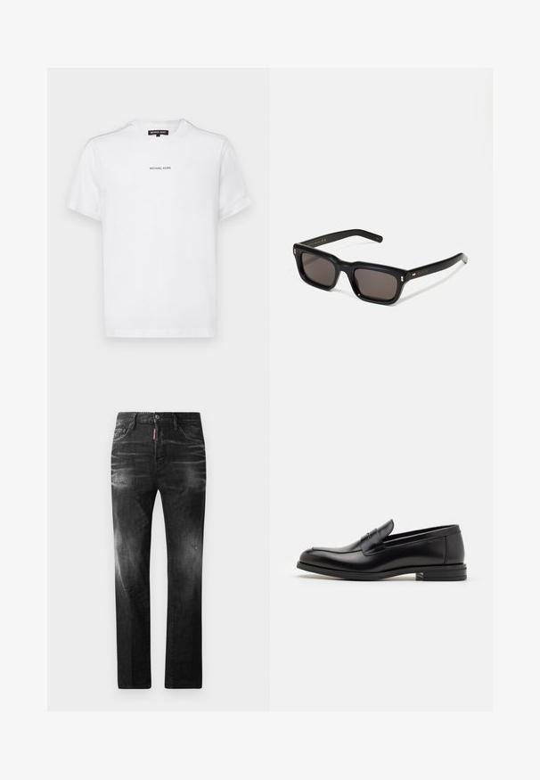 Camiseta de algodón blanca de manga corta, con un cuello redondo y un pequeño logo "MICHAEL KORS" impreso en negro en el pecho.; Jeans de mezclilla negra con un corte recto. Presentan áreas desgastadas, un ligero desgasto, diseño clásico de cinco bolsillos y cierre de botón.; Mocasines de cuero negro con una textura suave, puntera redondeada y una tira decorativa en el empeine. Tacón bajo apilado, diseño minimalista.; Gafas de sol rectangulares negras con lentes oscuros, marco de plástico grueso, acentos dorados en las patillas y logotipo de la marca grabado en el brazo.
