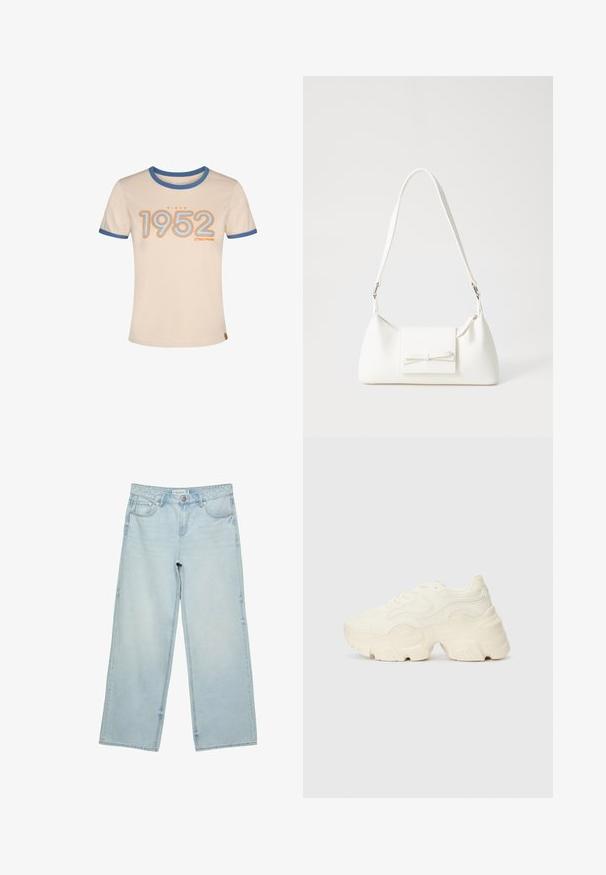 Beige t-shirt with blue trim featuring "Since 1952" in orange and light blue text. Short sleeves and a round neckline. Soft cotton material.; Light blue wide-leg jeans in denim, featuring a high waist, five pockets, and subtle fading. Straight cut with hemmed edges.; Chunky white sneakers made of textured mesh and synthetic materials, featuring a thick sole and intricate pattern details along the sides.; White synthetic handbag with a triangular shape, flat front flap and bow detail, adjustable strap, smooth texture, and minimalistic design.