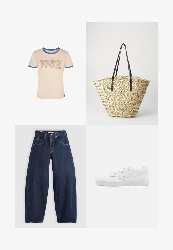 Beige t-shirt with blue trim featuring "Since 1952" in orange and light blue text. Short sleeves and a round neckline. Soft cotton material.; Dark blue denim jeans with a loose fit, light stitching, five pockets, and a button closure at the waistband.; White sneaker made of smooth leather, featuring perforated toe, a textured rubber sole, flat laces, and a prominent 'N' logo on the side.; Woven straw tote bag with a wide, tapered shape, featuring two black leather handles. Natural beige color with a textured surface.