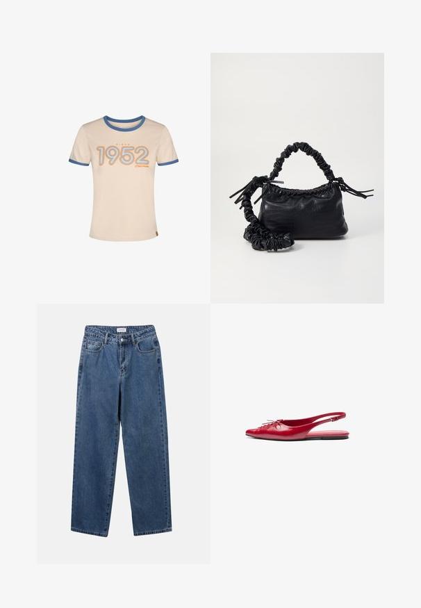 Beige T-Shirt mit blauen Akzenten, auf dem "Seit 1952" in orange und hellblauer Schrift steht. Kurze Ärmel und runder Halsausschnitt. Aus weichem Baumwollmaterial.; Klassische blaue Denim-Jeans mit geradem Bein, fünf Taschen und Knopfverschluss. Sie verfügen über eine mittelblau gewaschene Optik und sind aus robuster Textur.; Rote Leder-Slingback-Ballerina mit spitzem Zehenbereich und dekorativem Schnürdetail an der Vorderseite, ausgestattet mit einem schmalen Knöchelriemen und flachem Fußbett.; Schwarze Handtasche aus Kunstleder mit Krokodilstruktur, gerafftem oberen Teil und einem geschoppten Tragegurt. Sie wirkt weich und kompakt im Design.