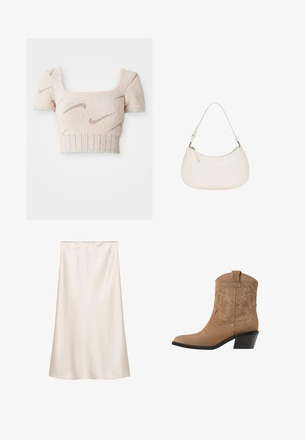 Kratka majica s kratkim rukavima od meke, strukturirane tkanine. Svijetlo ružičasta boja s smeškastim, valovitima uzorcima. Kvadratni izrez i rebrasti rub.; Satin midi suknja u boji slonovače, ravnog kroja s elastičnom waistbandom, glatke teksture, bez vidljivih uzoraka ili detalja.; Smeđa antilop cowboy čizma do članaka s šiljastim vrhom, izvezenim dizajnom i niskim, složenim crnim potpeticama. Ima ručke za lakše obuvanje.; Bijela kožna torbica s ravnim oblikom, podešivim remenom i zatvaranjem na vrhu sa zipom. Glatka tekstura s minimalnim detaljima od hardvera.