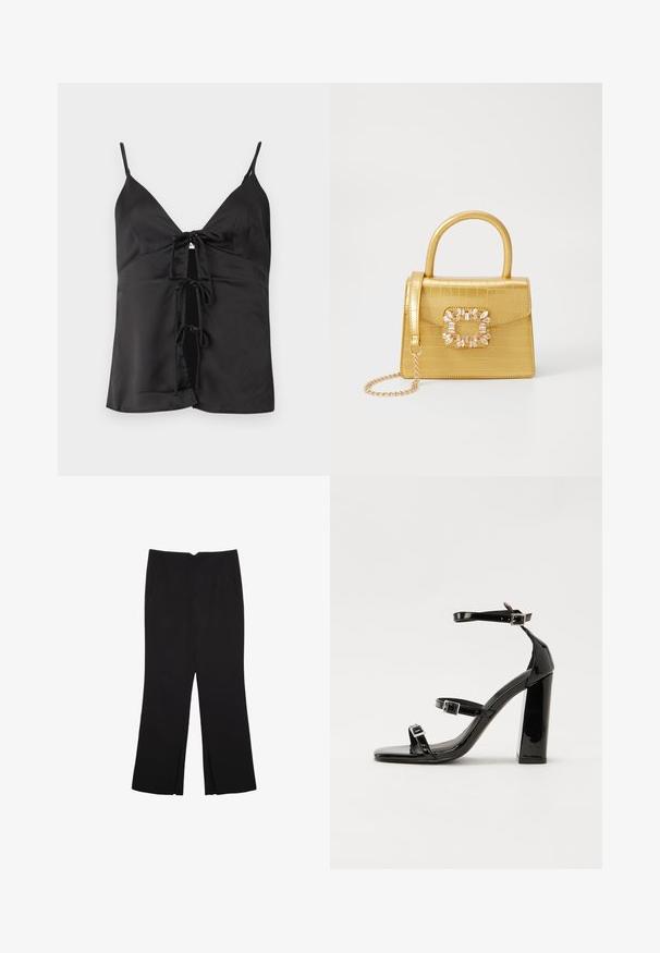 Čierny saténový top s tenkými ramienkami, s hlbokým V-výstrihom a šnurovaním vpredu so swingami. Hladká textúra a uvoľnený strih.; Čierne nohavice so strihom rovného strihu, s prednými vreckami a bočnými rozparkami na leme. Vyrobené z mäkkej, hladkej tkaniny. Vhodné na rôzne príležitosti.; Čierne lakované sandále na podpätku so štvorcovou špičkou, navlečenými remienkami okolo členku a striebornými prackami. Disponujú masívnym blokovým podpätkom pre stabilitu.; Žltá falošná krokodília kabelka so štruktúrovaným dizajnom, horným držadlom, odnímateľným reťazovým popruhom a dekoratívnym kryštálovým ozdobením na zapínaní.