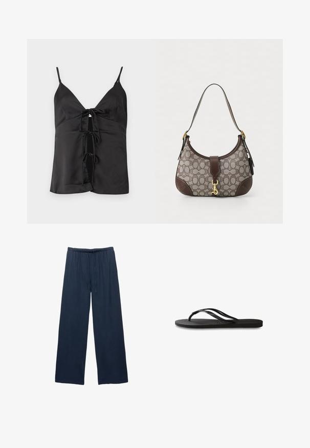 Črn satenski top s tankimi naramnicami, ki ima globok V-izrez in vezanje spredaj s tremi pentljami. Gladka tekstura in sproščen kroj.; Mornarici široke hlače iz mehkega materiala, z elastičnim pasom in vrvico za nastavljivo prileganje.; Črne natikače z teksturirano gumijasto podlogo, dvema ozkima trakoma in subtilnim, vtisnjenim logom na traku.; COACH HAMPTONS HOBO BAG IN SIGNATURE JACQUARD - Torbica - oak maple