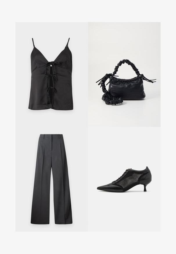 Svart satin topp med tynne stropper, med en dyp V-hals og snøring i front med tre sløyfer. Glatt tekstur og avslappet passform.; Vide bukser i mørkegrått stoff med høy livlinje, enkel press, og en glatt tekstur med en ren finish på ermekantene.; Svart spiss tå-sko med meshpaneldesign, med lav hæl og snøring foran. Laget av en kombinasjon av lær og meshmateriale.; Svart faux skinn-håndveske med krokodilletekstur, strammet topp og en rynket stropp. Ser myk og kompakt ut i designen.