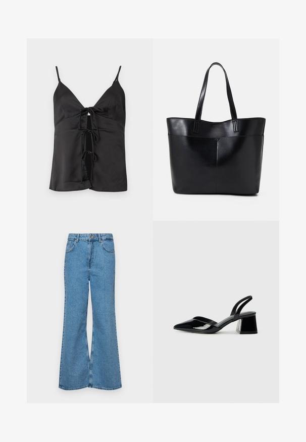 Fekete selyemtop vékony pántokkal, mély V-alakú nyakkivágással és fűzős elejével, amely három masnival van díszítve. Sima felület és laza fazon jellemzi.; Világoskék, trapézszárú farmernadrág, magas derékkal, öt zsebbel és egy gombos záródással. Puha tapintású, magasított effektusú anyag.; Fekete lakk bőr szandálkés magas sarkú cipő, hegyes orral és geometrikus tömbsarkakkal. Karcsú, minimalista dizájn és sima textúra jellemzi.; Fekete bőr bevásárlótáska két hosszú fogantyúval, sima felülettel és strukturált formával. Elülső zseb található rajta a plusz tárolás érdekében.