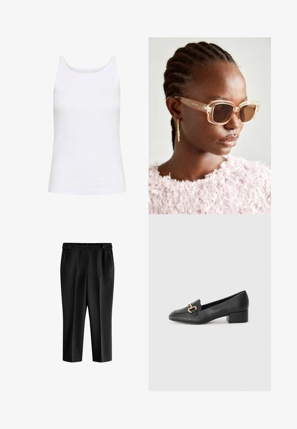 White tank top made of cotton. Features a round neckline and slim shoulder straps. Smooth texture with a fitted silhouette.; Black cropped trousers with a relaxed fit, elastic waistband, and two front pockets. Fabric has a smooth texture with a slightly shiny finish.; Black leather loafers with a flat heel, featuring a decorative gold hardware detail on the front and a smooth texture.; Beige oversized sunglasses with a clear frame and brown tinted lenses, featuring subtle floral accents and bold, geometric design.; Black leather crossbody bag with a flat shape, gold hardware accents, and an adjustable strap. Smooth texture with minimal stitching details.