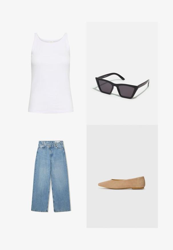 Hvid tanktop lavet af bomuld. Har en rund halsudskæring og smalle skulderstropper. Glat tekstur med en tætsiddende silhuet.; Lyseblå vide denimjeans med høj talje, fem lommer, knaplukning og diskret falmning for tekstur.; Beige suede ballet flats med spidse tå, lav hæl, glat tekstur og minimalistisk design. Ingen synlige hardware eller udsmykninger.; Sorte, kantede solbriller med grå linser; lavet af plast, med tykke stænger med en glat overflade og ingen synlig hardware.; Hæklet taske i lys beige, med et tekstureret mønster. Guld kædestrop, med dekorative studs langs kanterne for ekstra detaljer.