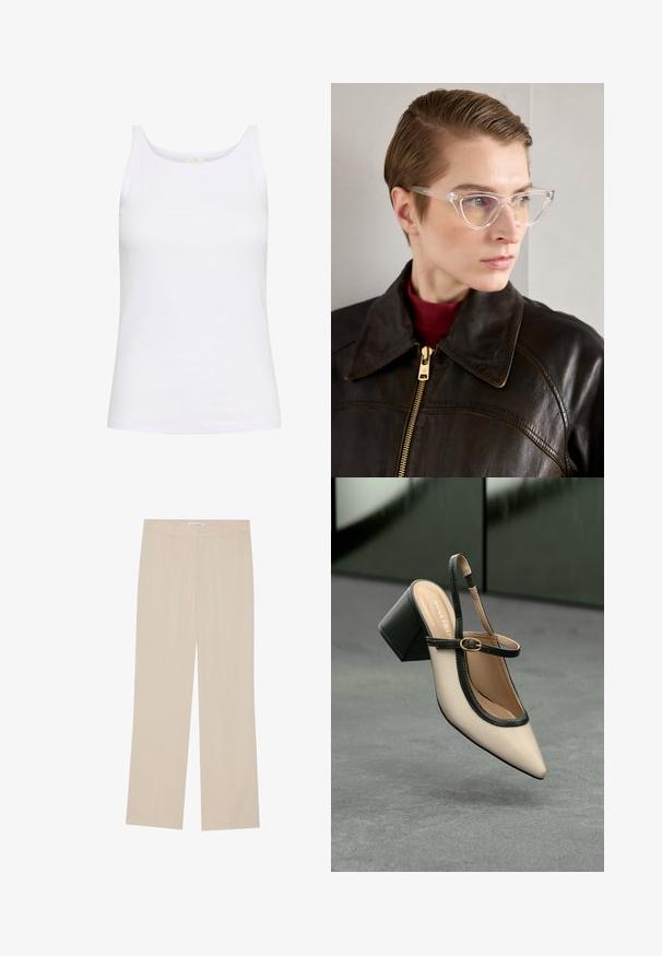 Canottiera bianca in cotone. Presenta un collo rotondo e spalline sottili. Texture liscia con una silhouette aderente.; Pantaloni beige a gamba larga con una texture liscia, caratterizzati da un fit sartoriale, due tasche anteriori e un delicato dettaglio di piega lungo le gambe.; Scarpa beige con punta a stivale, con rifiniture nere, fibbia dorata e tacco a blocco spesso su un pavimento grigio con sfondo verde scuro.; Occhiali cat-eye in acetato trasparente con lenti gialle, indossati da una persona con giacca di pelle nera e dolcevita rossa. Texture liscia.; Borsa a tracolla bianca in pelle con doppi manici e tracolla staccabile, dotata di una tasca con zip frontale e texture liscia. Portata al braccio di una persona.
