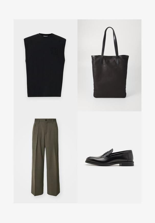 Must tašok, millel on nööbivaba kaelus, on valmistatud puuvillast. Sellel on tekstuuriga logo vasakul ees ja sile pind.; Filippa K WIDE TROUSERS - Püksid - driftwood; Mustad mustad nahast loafers sileda tekstuuriga, ümarat ninaosa ja dekoratiivne riba vampi üle. Madal kihiline konts, minimalistlik disain.; Mustmust kott mustade nahkade käepidemetega. Lihtne disain, avar keha ja sile tekstuur. Pole nähtavaid logosid ega mustreid.