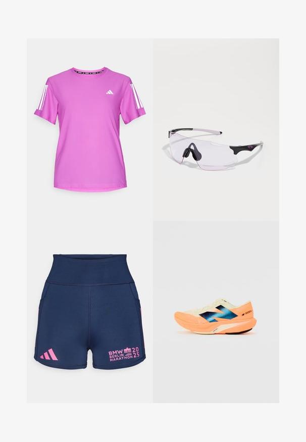 Rozā sporta t-krekls ar īsām piedurknēm, ar baltām trim svītrām un Adidas logotipu, izgatavots no viegla, teksturēta auduma.; adidas Performance BER25 SHORT THIGHTS - Pieguļoši skriešanas šorti - collegiate navy; Skriešanas apavi ar vieglu krēmkrāsas augšdaļu, zilu zīmolu un oranžiem akcents uz zoles. Acu tekstūra gaisa caurlaidībai.; Sporta saulesbrilles ar izturīgu melnu un rozā dizainu, kurām ir bezrāmju forma un skaidri, nedaudz tonēti lēcas. Iekļauti gumijas akcenti.