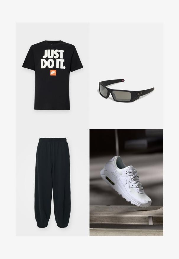 Fekete pamut póló rövid ujjal. Nagy fehér felirat olvasható rajta: "JUST DO IT." egy kis narancssárga Nike logó felett. Szabványos kerek nyakkivágás.; Fekete, rugalmas derékpántos melegítőnadrág, laza fit, véget érő szárakkal, sima textúrával, látható minták vagy hardver díszek nélkül.; Fehér Nike Air Max 90 sneaker, amely hálós és bőr felsőrésszel, perforált orr-résszel és látható légpárnás egységgel rendelkezik a saroknál.; Fekete napszemüveg matt felülettel, téglalap alakú lencsékkel, enyhe ívvel a templomokon, diszkrét logó részlettel és füstszínű lencsékkel.