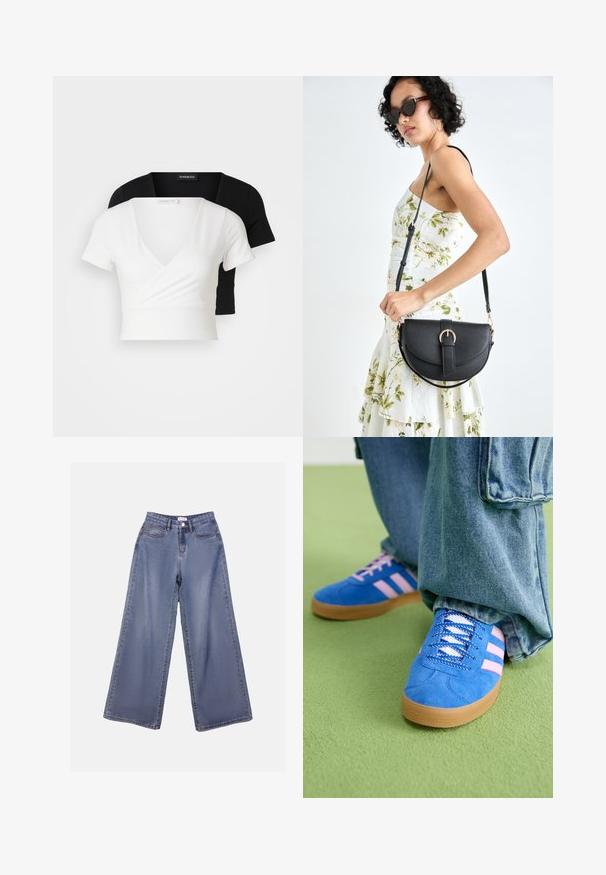 Kaksi lyhyttä toppia, yksi valkoinen ja yksi musta. Molemmissa on V-mallinen kaula-aukko ja lyhyet hihat, ja ne on valmistettu sileästä kankaasta, jossa on hieno kiilto.; Vaaleansinisiä leveälahkeisia farkkuja, joissa on korkea vyötärö, etutaskut ja nappisuljenta vyölenkeillä.; Siniset mokkakengät, joissa on vaaleanpunaiset raidat ja valkoiset nauhat, kumipohjalla, yhdistettyinä löysiin denimgyneihin vihreällä pinnalla.; Musta nahkainen käsilaukku, joka on kaareva muotoilultaan, irrotettavalla hihnalla ja kultaisilla yksityiskohdilla. Laukussa on läppä, jossa on solk yksityiskohta.