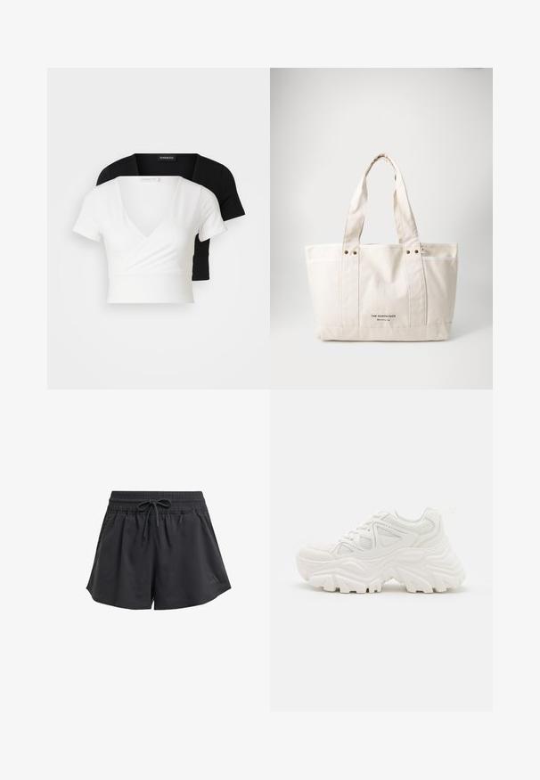 Two cropped tops, one white and one black. Both feature a V-neck design and short sleeves, made from smooth fabric with a subtle sheen.; Black athletic shorts with an elastic waistband, internal drawstring, and side slits. Made from a smooth, lightweight fabric.; White chunky sneakers featuring a textured upper, mesh panels, and thick rubber soles with prominent tread pattern. Laces and pull tab included.; Canvas tote bag in light beige with two sturdy handles, contrasting white trim, and logo "THE NORTH FACE" in black at the front.