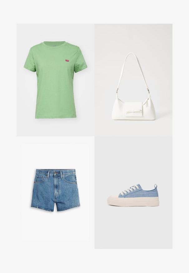 Levi's® Nyomott mintás póló - green; Világoskék farmer rövidnadrág, öt zsebbel, cipzáros megoldással és gombos záródással. A szegélyt megkoptatták, és laza szabású dizájn jellemzi.; Világoskék vászon sportcipők, krémszínű gumitippel és talppal, fehér fűzőkkel és egy húzófüllel a sarkán.; Fehér szintetikus kézitáska, háromszög alakú, lapos előlap, masni részlettel, állítható pánttal, sima textúrával és minimalista dizájnnal.