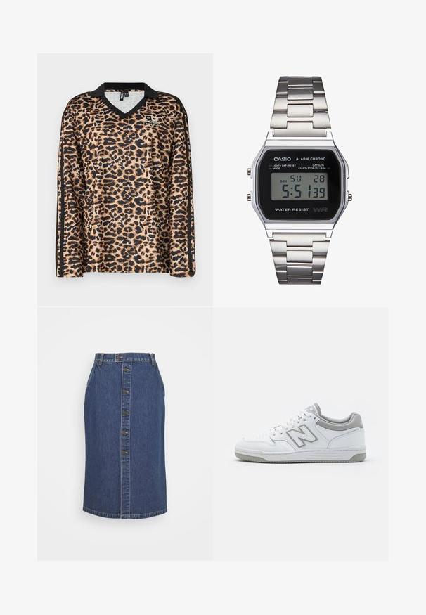 Bež un melnā leoparda raksta garām piedurknēm krekls ar V-veida kaklu un melniem akcentiem gar piedurknēm. Izgatavots no gludas sintētiskas auduma.; Tumši zila džinsu svārku zīmē, ar priekšu pogu aizdari, vertikālām šuvju detaļām un klasisku apakšmalu.; Baltas ādas sporta apavi ar pelēkiem akcentiem, ar perforētu pirkstu daļu, plakanu šņorēšanu un rakstainu zoli. New Balance logo uz sāniem.; Digitālais Casio pulkstenis ar melnu ciparnīcu, sudraba nerūsējošā tērauda siksnu, taisnstūrveida korpusu un pogām gaismas, apļa atjaunošanas un režīma regulēšanai.