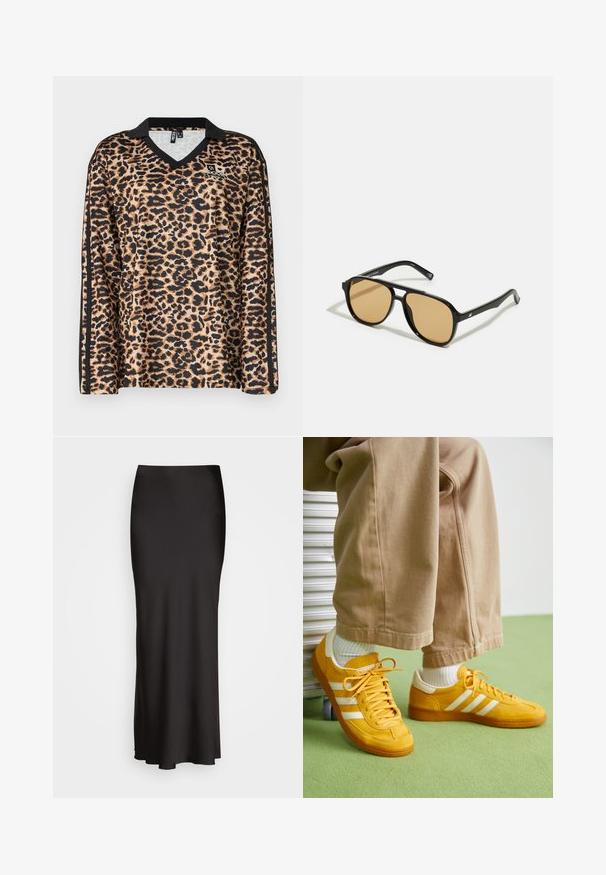 Majica dugih rukava s leopard uzorkom u bež i crnoj boji, s V-izrezom i crnim detaljima duž rukava. Izrađena od glatkog sintetičkog materijala.; Crna satenska suknja do poda s glatkom teksturom, strukom koja se dobro prilagođava, i A-linijom, bez vidljivih ukrasa ili uzoraka.; Žute suede tenisice s bijelim prugama, s gumenim đonom, platnenim vezicama i podstavljenim ovratnikom, u kombinaciji s bež pamučnim hlačama.; Crne sunčane naočale s smeškastim sočivima; pravokotni oblik s debelim okvirom, uključujući suptilne hardverske akcentne detalje na sljepoočnicama.