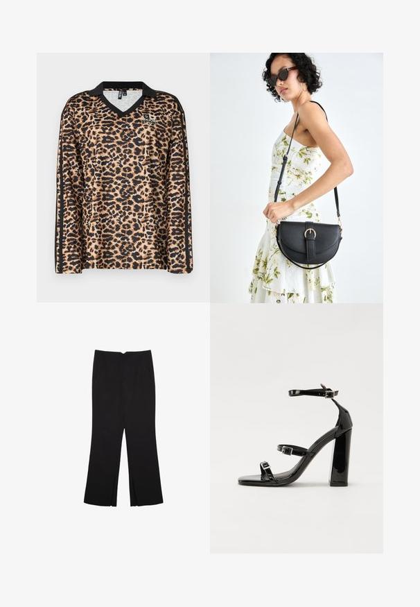 Košeľa s dlhým rukávom v leopardom vzore v béžovej a čiernej farbe, s výstrihom do V a čiernymi akcentmi pozdĺž rukávov. Vyrobená z hladkej syntetickej látky.; Čierne nohavice so strihom rovného strihu, s prednými vreckami a bočnými rozparkami na leme. Vyrobené z mäkkej, hladkej tkaniny. Vhodné na rôzne príležitosti.; Čierne lakované sandále na vysokom opätku s dvoma prackami, štvorcovou špičkou a hrubým blokovým opätkom, s hladkou, lesklou textúrou.; Čierna kožená kabelka s zaobleným tvarom, odnímateľným popruhom a zlatými doplnkami. Kabelka má klopu s detailom s prackou.