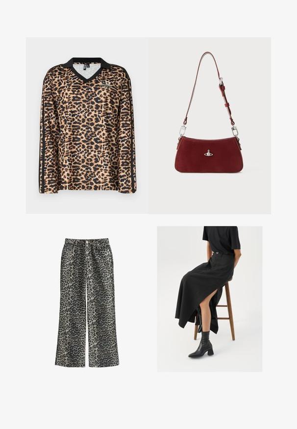 Leopardmönstrad skjorta med lång ärm i beige och svart, med V-ringning och svarta detaljer längs ärmarna. Tillverkad av ett mjukt, syntetiskt tyg.; Leopardmönstrade vida byxor i ett mjukt material, med hög midja, fem fickor och metallknäppning.; Svart lin maxi kjol med hög slits, bärs med en svart t-shirt och svarta ankelstövlar. Minimalistisk design med en lös passform.; Röd mocka axelväska med en böjd form. Har en silverfärgad detalj och justerbar rem med hårdvarudetaljer. Slät textur.