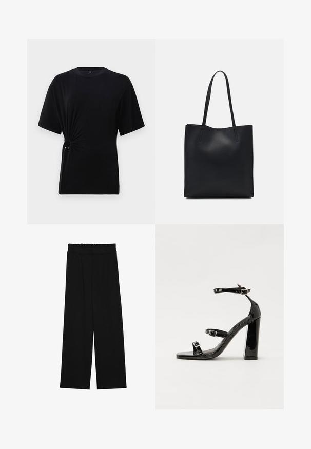Fekete, rövid ujjú póló, puha jersey anyagból, oldalsó csomózással és ezüst díszítéssel. Klasszikus kerek nyakkivágással.; Fekete, bőszárú nadrág fodros derékrésszel, két oldalsó zsebbel és sima, könnyű anyagból. Nincsenek látható minták vagy fémalkatrészek.; Fekete lakk magas sarkú szandál négyzet alakú orral, bokapántokkal és ezüst csatokat tartalmaz. Masszív blokk sarka a stabilitásért felel.; Fekete bőrtáska sima felszínnel, téglalap alakú, két hosszú füllel. Nincs látható fémkiegészítő vagy díszítés.