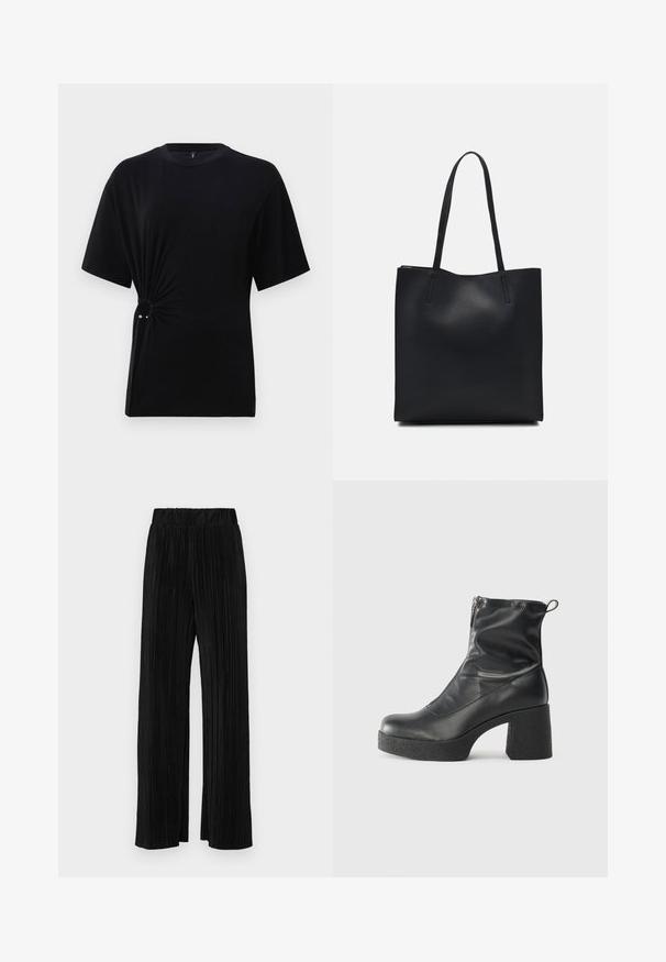 Svart t-skjorte med korte ermer laget av myk jersey stoff, med en knyttet detalj på siden med en sølvfarge aksent. Klassisk rund hals.; Sorte plisserte bukser med elastisk midje. Har vide ben og et glatt, strukturert stoff med vertikale striper.; Svarte ankelstøvler laget av glatt lær, med glidelås på siden, chunky strukturert hæl, og rund tå-design.; Svart lær tote bag med glatt tekstur, rektangulær form og to lange håndtak. Ingen synlige deler eller dekorasjoner.