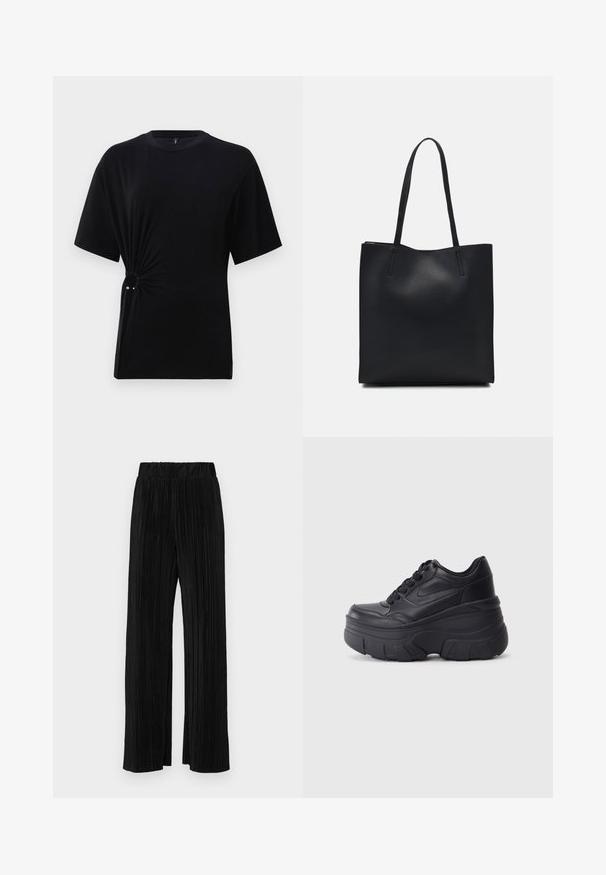 Juodas trumpas rankovės marškinėliai, pagaminti iš švelnaus džersio audinio, su šonu suverstu detaliu ir sidabriniu akcentu. Klasikinis apvalus kaklas.; Juodi plisuoti kelnės su elastine juosta. Turėkite plačias kojas ir glotnų, tekstūrinį audinį su vertikaliais dryžiais.; Juodi lakuoti sportbačiai su masyviu padu, turintys sklandų odinį viršų, suapvalintą pirštą ir išskirtinį sluoksniuotą platformos dizainą.; Juodas odinis tote krepšys su lygia tekstūra, stačiakampio formos ir dviem ilgais rankenomis. Matomų metalinių detalių ar puošybos nėra.