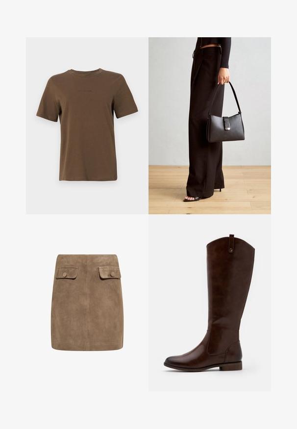 Brūna īsām piedurknēm T-krekls, izgatavots no mīkstas kokvilnas, ar apaļu kakla izgriezumu un mazu melnu logotipu uz krūšu daļas.; Brūns zamšs mini svārki ar gludu tekstūru, ieguvuši divas priekšējās kabatas ar vāciņiem un pogu aizdare katrā pusē. Vienkāršs, taisns dizains.; Brūni līdz ceļiem zābaki, kas izgatavoti no gludas ādas, ar noapaļotu purngalu, zemu sakrautu papēdi un smalku šuvju rakstu gar sāniem.; Melnā somiņa ar strukturētu formu, gludu tekstūru un metālu sprādzi. Saskaņota ar platām melnām biksēm un sandālēm ar atvērtu purngalu uz koka grīdas.