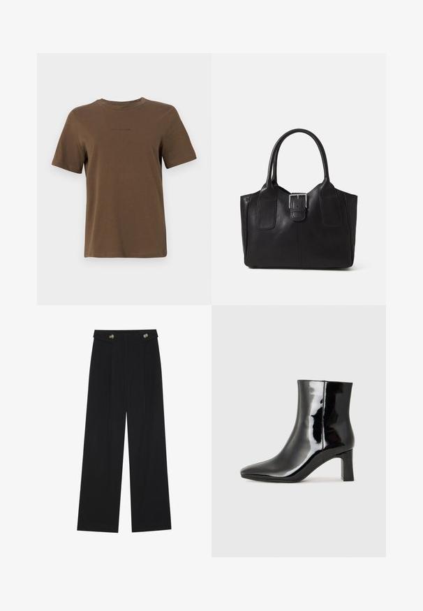 Rjava kratka majica s kratkimi rokavi, izdelana iz mehkega bombaža, z okroglo ovratnikom in majhnim črnim logotipom na prsih.; Črne široke hlače s visokim pasom, gumbnimi detajli na pasu in sprednjimi gubami.; Črne lakirane gležnjarje z ošiljenim nosom in srednje visokim blokastim peto. Gladka tekstura in minimalističen dizajn.; Črna usnjena torba s gladko teksturo, strukturirano obliko, dvema ročkama in izrazitim srebrnim sponko na sprednji strani.