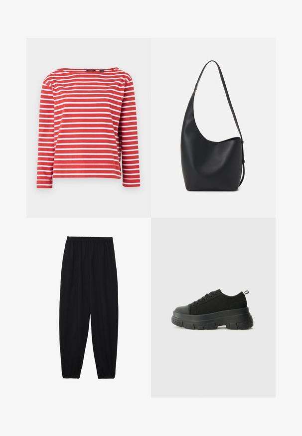 Crvena i bijela prugasta košulja dugih rukava s brodskim izrezom. Materijal od pamuka, opušteni kroj i dovršeni rub. Jednostavan dizajn s ravnim prugama.; Crne, lagane hlače s elastičnom stražnjom pasicom i naboranim gležnjevima. Tkanina je glatka i ima opušteni, suženi dizajn.; Crne tenisice s debelim gumenenim potplatom, teksturiranim gornjim dijelom od tkanine, okruglim vrhom i dizajnom s vezicama. Imaju pojačane rupice za vezice i dodatak za povlačenje straga.; Crna kožna hobo torba s glatkom teksturom, zakrivljenim oblikom i jednom podesivom trakicom; ima širok otvor na vrhu.