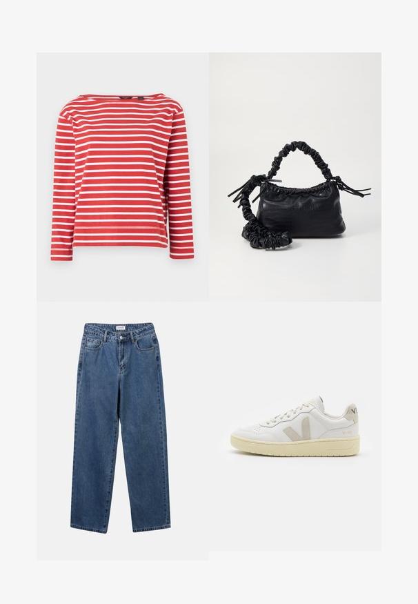 Camisa de mangas longas com riscas vermelhas e brancas, com decote boat. Material em algodão, corte descontraído e bainha acabada. Design simples com riscas uniformes.; Jeans de denim azul clássicos com um design de perna reta, cinco bolsos e fecho de botão. Apresenta um tratamento médio e uma textura resistente.; Sapatilha de couro branca com detalhes em camurça bege, biqueira perfurada, atacadores planos e sola texturizada creme. Apresenta uma marcação subtil no calcanhar.; Bolsa de mão em couro sintético preto com textura de crocodilo, topo franzido e alça enrugada. Apresenta um design suave e compacto.