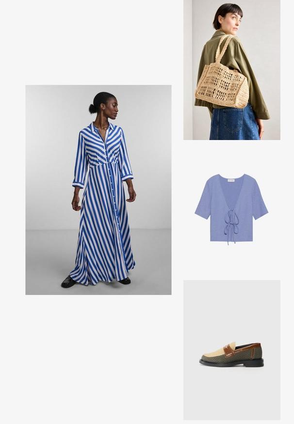 Heled lilla kudumüts, lühikeste varrukatega, sügava V-kaelusega ja kohandatava lipsuga vöökoha kohal. Tekstuuriga kangas, millel on peened sooned.; Pikk nööpidega kleit, millel on sinised ja valged vertikaalsed triibud, pikad varrukad, krae ja voolav seelik. Sile kangas ja mugav lõige.; Kootesed on tekstuuriga rohelised ja pruunid, libisemisega mudel, millel on kudumisisekorraldus, pruuni nahkrihm ja sile must tald. Rihmal on mustriline detail.; Kootud heledat tan värvi võrgu kott, millel on ristkülikukujuline kuju, kaks laia käepidet ja avatud võrkpatter. Disain sisaldab tekstuurset kangast ning ruumikat sisemust.