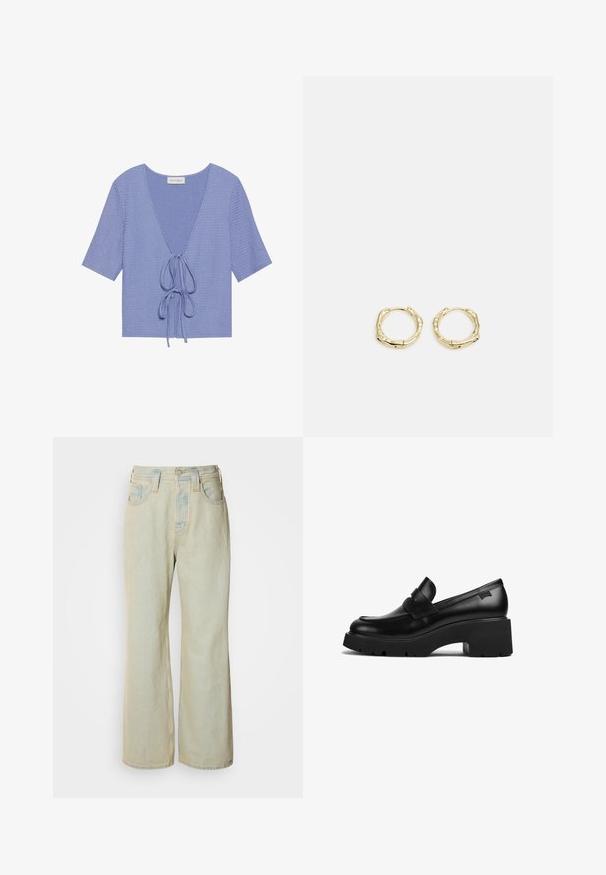 Heled lilla kudumüts, lühikeste varrukatega, sügava V-kaelusega ja kohandatava lipsuga vöökoha kohal. Tekstuuriga kangas, millel on peened sooned.; Heledad sinine laiad teksad, mis on valmistatud denimist, kõrge vöökoht, viis taskut ja kerge kulumine koos kontrastsetest õmblustest rõhutustega.; Must musta jalgadega must nahast lohvik, paksu tallaga ja rihmaga ülevalt, kujutatud külgvaates valgel taustal.; Kuldsete rõngaskõrvarõngaste tekstuuriga, ebakorrapärane kuju. Omab sujuvat lukustust ja poleeritud pinnatöötlust, rõhutades kaasaegset disaini.