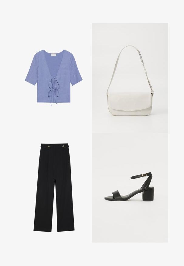 Világoslila kötött póló rövid ujjal, mély V-kivágással és állítható derékmegkötéssel. Mintás anyag, finom bordázással.; Fekete, bő szárú nadrág magas derékkal, gombos részletekkel a derékrészen és elülső pliszékkal.; Fekete magassarkú szandál sima bőr felső résszel, nyitott orral, széles elülső pántokkal és állítható bokapánttal, arany csat részlettel.; Fehér bőr válltáska sima felülettel, téglalap alakú, fedeles záródással és állítható pánttal. Egyszerű varrási részletek.