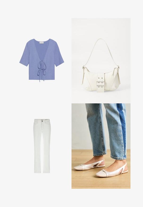 Světle fialový pletený top s krátkým rukávem, hlubokým véčkovým výstřihem a nastavitelným páskem v oblasti pasu. Texturovaná látka s jemným žebrováním.; Bílé džíny s úzkým střihem, designem se 5 kapsami a kontrastním šitím. Obsahují zapínání na knoflík a subtílní značkovou etiketu na pase.; Světle růžové slingback baleríny s špičatou špičkou, vyrobené z hladkého koženému materiálu. Obsahují vystřihovací detaily po stranách a plochý podpatek.; Bílá kabelka na rameno s texturovaným povrchem, centrálním akcentem v podobě spony a zakřiveným tvarem. Zipové uzávěry na obou stranách.