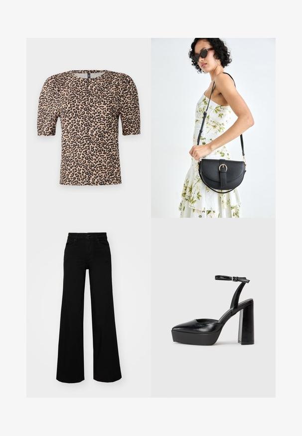 T-skjorte med leopardmønster og korte pufferm, rund hals, laget av lett stoff, med en lys brun base og svarte flekker.; Svart vide bukser laget av denim, med en strukturert midjebånd, beltestropper og frontlommer. Glatt tekstur med et klassisk design.; Sorte plattformhelter med spiss tå og justerbar ankelrem. Laget av glatt lær, med en robust blokkhel.; Svart lærveske med en buet form, avtagbar stropp og gullbeslag. Vesken har et klaff med spenne-detall.