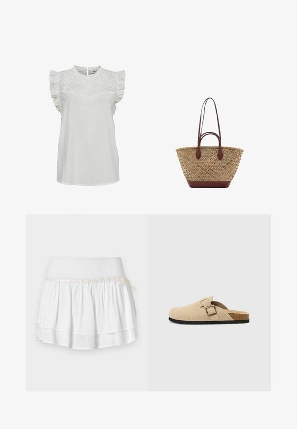 Moves MITI  - Blouse - snow white; White sleeveless top featuring embroidered floral patterns, ruffle accents on shoulders, and a gathered peplum hem. Keyhole back closure.; White tiered skirt with an elastic waistband, featuring a textured smocking detail and a decorative ribbon accent. Cotton fabric.; Beige suede slide-on clogs with a cork footbed, rounded toe, and a simple strap featuring a gold-tone buckle. Rubber sole for grip.; Woven straw tote bag with braided texture, dark brown leather handles and base, wide circular shape, and open top design.