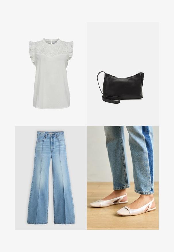 Moves MITI - Bluse - snow white; Hellblaue, hoch geschnittene Jeans mit weitem Bein, Front- und Gesäßtaschen, Gürtelschlaufen und vertikalen Nahtdetails auf der Vorderseite.; Blassrosa Slingback-Ballerinas mit spitzem Punkt, aus einem glatten, lederähnlichen Material. Mit Ausschnitten an den Seiten und einem flachen Absatz.; Schwarze Ledertasche für die Schulter mit glatter Textur, geschwungener Form, verstellbarem Tragegurt und Reißverschluss. Minimalistisches Design ohne Verzierungen.