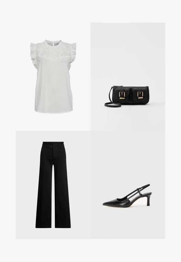 Moves MITI - Bluse - snow white; Schwarze weite Hosen aus gewebtem Stoff, mit hoher Taille, vorderem Knopfverschluss und Seitentaschen. Glatte Textur mit klaren Linien.; Schwarze Lack-Slingback-Pumps mit spitzem Zehenbereich, versehen mit strukturiertem Schlangenprint, verstellbarem Riemen und einem kurzen, strukturierten Blockabsatz.; Schwarze Leder-Umhängetasche mit zwei vorderen Taschen, goldenen Schnallen, Reißverschluss und einem schmalen Tragegurt. Texturierte Oberfläche und kompakte rechteckige Form.