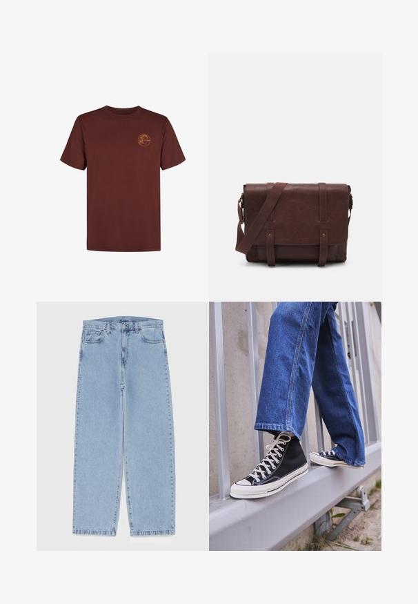 Brązowy bawełniany t-shirt z krótkim rękawem i okrągłym dekoltem, z małym pomarańczowym logo po lewej stronie. Gładka faktura i klasyczny krój.; Jasnoniebieskie dżinsy o prostym kroju nogawki, z średnim stanem, pięcioma kieszeniami oraz zapięciem na guzik i zamek błyskawiczny.; Czarne sneakersy za kostkę z białą podeszwą i sznurówkami, w połączeniu z luźnymi niebieskimi dżinsami, opierające się na szarym balustradzie.; Brązowa skórzana torba na ramię z płaskim klapem z przodu, dwoma paskami, złotymi akcentami oraz regulowanym paskiem na ramię.; Srebrny zegarek ze stali nierdzewnej z okrągłą zieloną tarczą, srebrnymi znacznikami godzin, wyświetlaczem daty i metalową bransoletą. Wodoszczelny do 50 metrów.