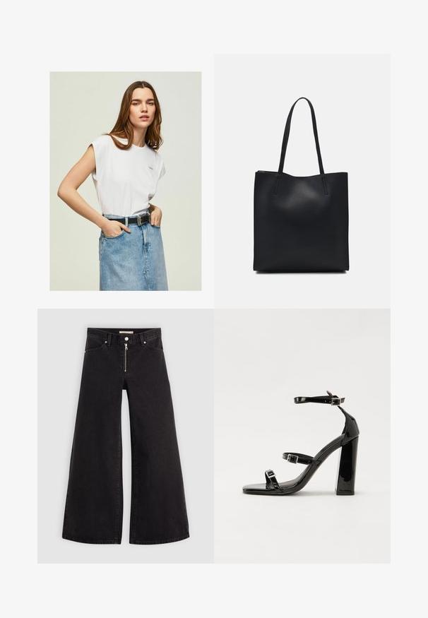 Pepe Jeans BLOOM - T-shirts basic - white; Vide ben jeans i sort denim med lynlås foran, fem lomme-design og subtile stikninger. Glat tekstur og afslappet stil.; Sorte patenterede hælsandaler med firkantet tå, ankelremme og sølvspænder. Har en chunky blokHæl for stabilitet.; Sort læder tote taske med glat tekstur, rektangulær form og to lange hanke. Ingen synlig hardware eller udsmykninger.