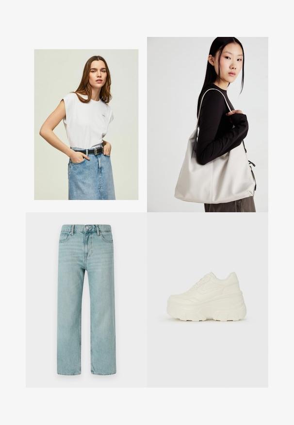 Pepe Jeans BLOOM - T-shirt basic - white; Lichtblauwe wijde jeans van denim, met een klassieke vijf-pocketontwerp, strakke lijnen en een normale tailleband met een knoopsluiting.; Witte platform sneakers met een gladde leren bovenkant, afgeronde vorm, gewatteerde kraag en een gestructureerde rubberen zool met duidelijke profiel.; Beige handtas gemaakt van zacht materiaal, met een slonzig ontwerp, gestikte details en twee schouderbanden. Geschikt voor dagelijks gebruik.