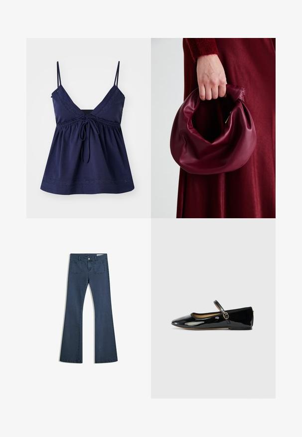 Navy sininen hihaton paita, jossa on V-aukko, tarveteetettu vyötärö ja säädettävä nauha. Koristustikkaukset kaula-aukossa ja helmassa.; Tummansiniset leveälahkeiset farkut, joissa on tikatut taskut, nappisuljenta ja sileä pinta. Ominaisuuksiin kuuluu klassinen viiden taskun muotoilu.; Musta lakattu mokkanilkkuri, jossa on terävä kärki ja kapea solki, vaaleanharmaalla taustalla.; Burgundy-nahkakäsilaukku, jossa on pehmeä, ryppyinen muotoilu ja pyöreä muoto. Kahva on kiinnitetty tukevasti, ja siinä on sileä pinta.