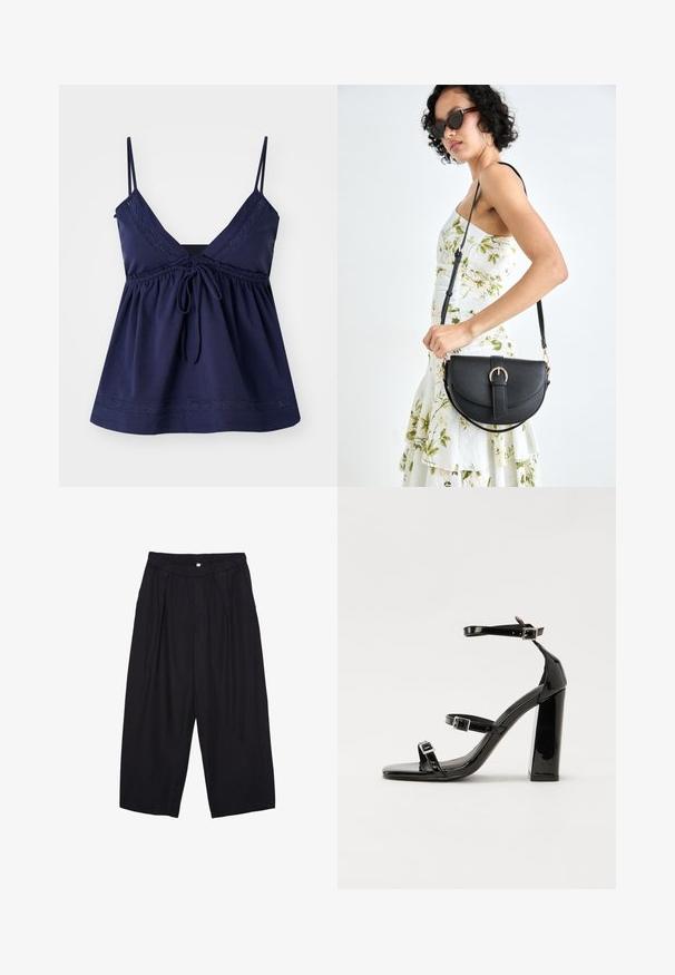 Navy sininen hihaton paita, jossa on V-aukko, tarveteetettu vyötärö ja säädettävä nauha. Koristustikkaukset kaula-aukossa ja helmassa.; Musta polyesterinen culotte-housut, jossa on joustava vyötärö, kaksi etupleettiä ja löysä siluetti. Ei näkyviä kuvioita tai metallisia yksityiskohtia.; Musta kiiltävä korkokenkä sandaalit neliönmuotoisella varpaalla, nilkkaremmillä ja hopeisilla soljilla. Varustettu tukevalla lohkokorkealla vakauden takaamiseksi.; Musta nahkainen käsilaukku, joka on kaareva muotoilultaan, irrotettavalla hihnalla ja kultaisilla yksityiskohdilla. Laukussa on läppä, jossa on solk yksityiskohta.