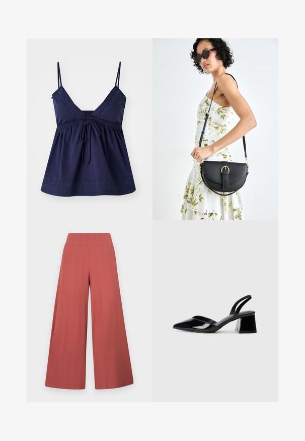 Navy blue sleeveless top with a V-neck, gathered waist, and adjustable tie. Features decorative stitching along the neckline and hem.; Wide-leg trousers in a rust color, made from textured fabric with vertical ribbing. Features a high, elastic waistband.; Black patent leather slingback heels with a pointed toe and a geometric block heel. Features a sleek, minimal design and smooth texture.; Black leather handbag with a curved shape, detachable strap, and gold hardware. The bag features a flap with a buckle detail.
