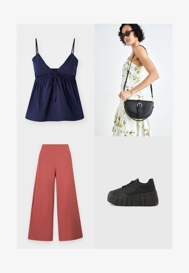 Navy blue sleeveless top with a V-neck, gathered waist, and adjustable tie. Features decorative stitching along the neckline and hem.; Wide-leg trousers in a rust color, made from textured fabric with vertical ribbing. Features a high, elastic waistband.; Black platform sneakers with a smooth synthetic upper, rounded toe, lace-up design, and a thick, ridged sole for added height.; Black leather handbag with a curved shape, detachable strap, and gold hardware. The bag features a flap with a buckle detail.