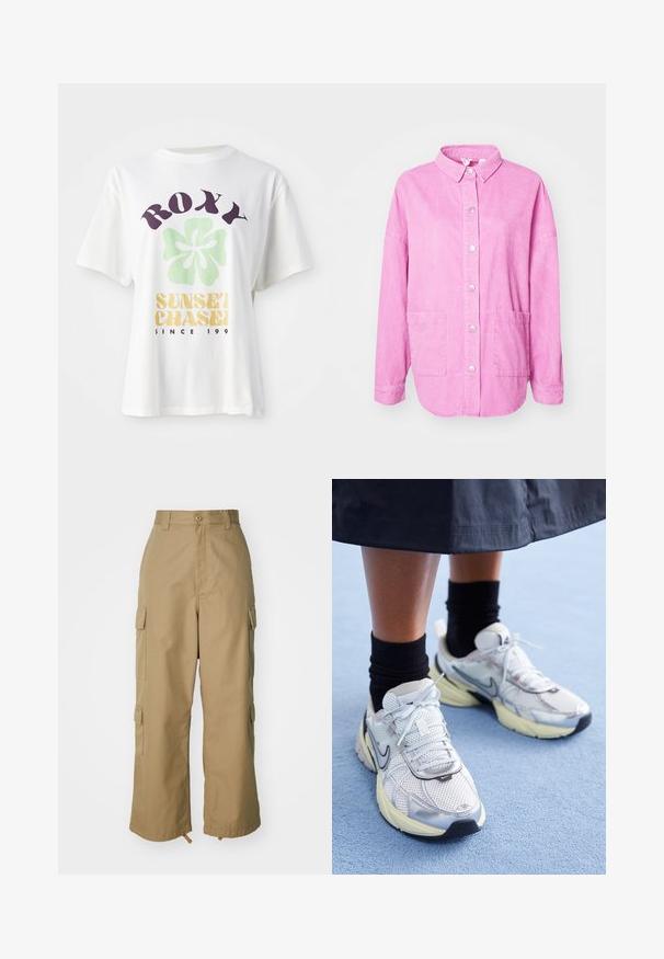 Valkoinen puuvillapaita, jossa on suuri violetti "ROXY" -logo, vihreä kukkadesign ja "SUNSET CHASE" keltaisella, rento lyhyet hihat.; Vaaleanpunainen corduroypaita-takki, jossa on napitettava etuosa, kaulus ja kaksi etutaskua. Ominaisuuksia rento istuvuus ja ribattu pintakuvio.; Beige cargo-housut korkealla vyötäröllä, leveillä lahkeilla ja neljällä suurella sivutaskulla. Valmistettu kestävästä kankaasta, jossa on sileä pinta ja minimaalinen yksityiskohtaisuus.; Valkoiset ja hopeiset Nike-lenkkarit, joissa on verkkomateriaalia, heijastavia yksityiskohtia ja beige pohja. Käytetään mustien sukkien kanssa, seisten sinisellä pinnalla.