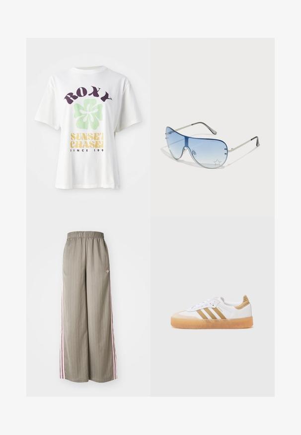 Bijela pamučna majica s velikim ljubičastim "ROXY" logotipom, zelenim cvjetnim dizajnom i "SUNSET CHASE" u žutoj boji, s opuštenim kratkim rukavima.; Svijetlo maslinaste široke hlače s vertikalnim prugama, elastičnim pojasom i ružičastim bočnim prugama. Ima mali logotip na kuku.; Bijela tene s bež akcentima, s tri pruge, okruglim vrhom i prozirnim gumiranim đonom. Izrađene su od glatke kože i tekstilnih materijala.; Naočale tipa avijatičar s gradijentnim plavim staklima, okvirom od srebrnog metala i dekorativnim zvjezdastim naglascima na staklima. Glatki i elegantni dizajn.