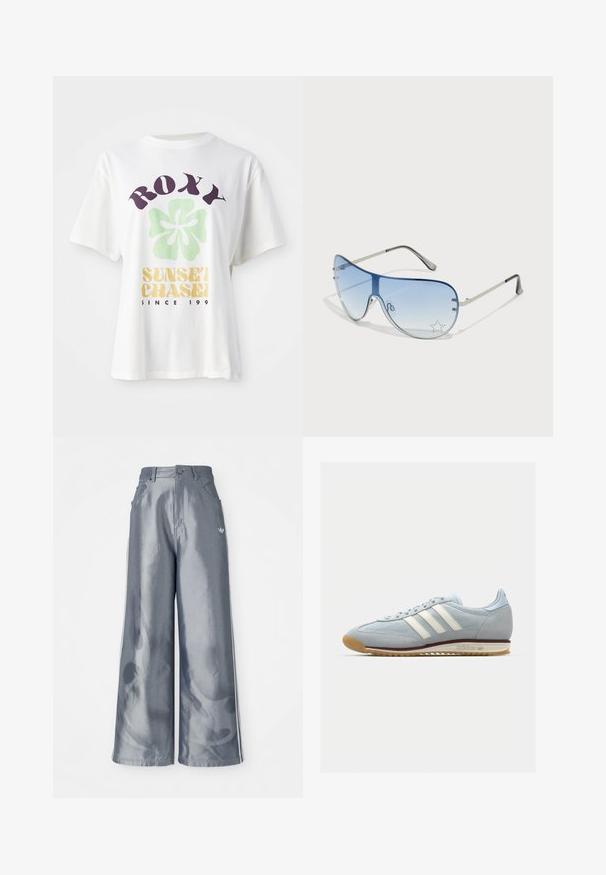 Hvit bomulls T-skjorte med et stort lilla "ROXY"-logo, et grønt blomsterdesign, og "SUNSET CHASE" i gult, med avslappede korte ermer.; Vide benbukser i skinnende grå materiale, med hvide sidestriber og et flammemønster på de nederste ben. Knap- og lynlåslukning i taljen.; Lys blå semsket sneakers med hvite tre striper, gummisåle og teksturert mesh. Har en jevn tåhette og merkevare på hælen.; Pilotbriller med gradient blå linse, sølvfarget metallramme og dekorative stjerneaksenter på linsen. Glatt og stilren design.