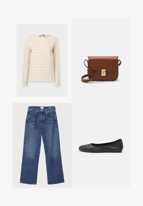 Langärmliges gestreiftes Oberteil in Creme und Beige. Weiches Material, runder Halsausschnitt und gerader Schnitt mit gleichmäßig verteilten horizontalen Streifen.; Citizens of Humanity ANNINA - Jeans Straight Leg - westwood dark indigo; Schwarze Leder-Ballettschuhe mit abgerundeter Spitze, glatter Textur, minimalen Nähdetails und einem flexiblen Sohlen-Design.; Braune Ledertasche mit Klappenverschluss, Beschlägen in Goldfarbe, einem Schultergurt und einer glatten Oberfläche. Kompakte rechteckige Form.